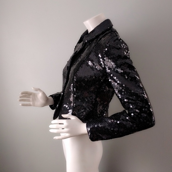 Vintage 1990s Giorgio Armani Black Sequin Tuxedo Cropped Blazer S - Picture 4 of 6